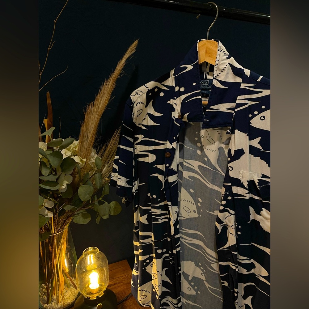 Ralph Lauren Polo Nautical White & Blue Button Down Shirt, Large